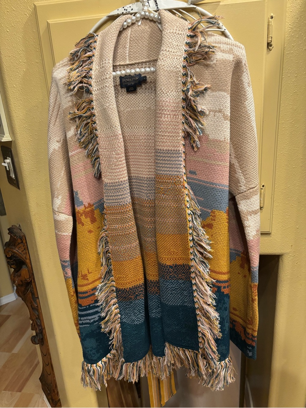 Pendleton Multicolor Fringe Open-Front Cardigan in Cream, Pink, Mustard & Teal
